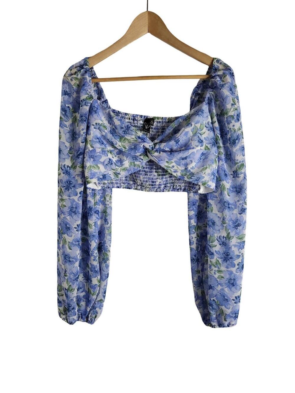 Windsor Blue Floral Chiffon Crop Top Sweetheart Neckline Twisted Front Size L